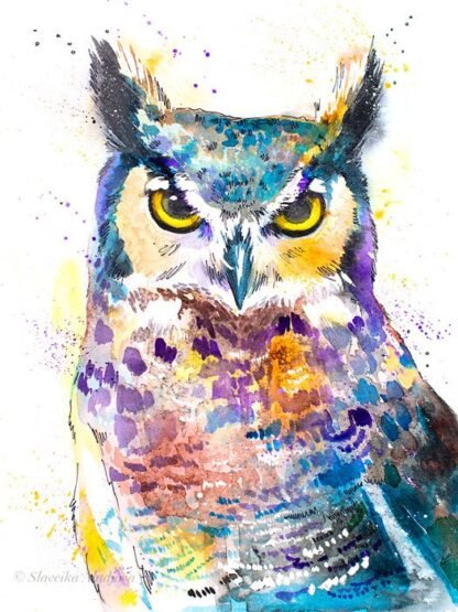 Horned Owl watercolor painting print by Slaveika Aladjova