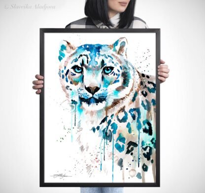 Snow leopard watercolor painting print by Slaveika Aladjova
