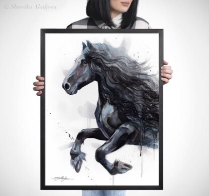 Friesian Horse watercolor painting print by Slaveika Aladjova