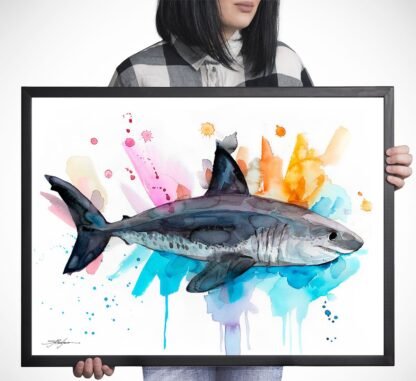 Salmon shark watercolor painting print by Slaveika Aladjova