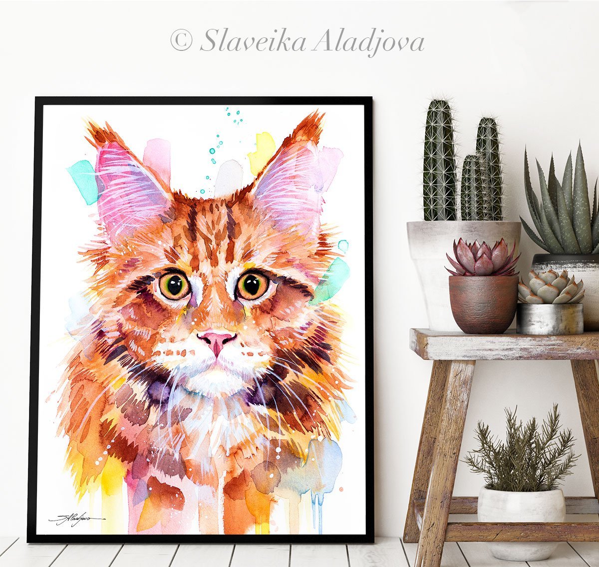 Maine Coon Cat Red Tabby watercolor painting print by Slaveika Aladjova
