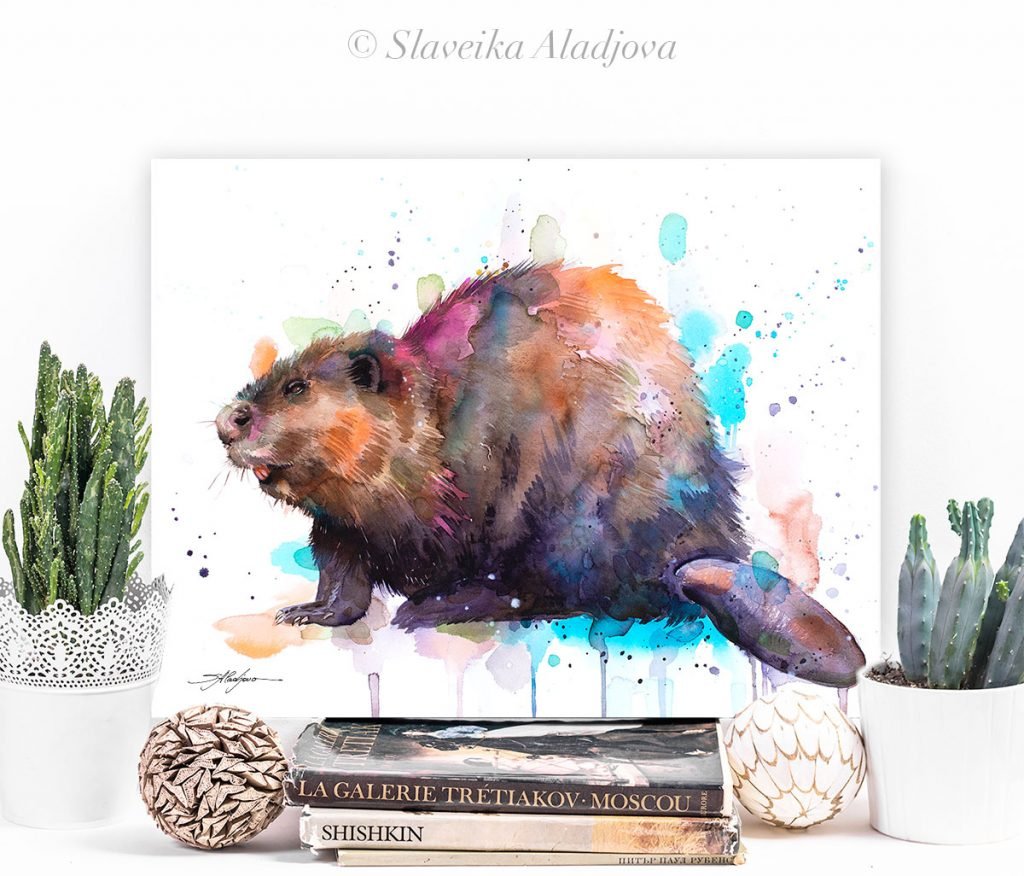 Beaver watercolor painting print by Slaveika Aladjova