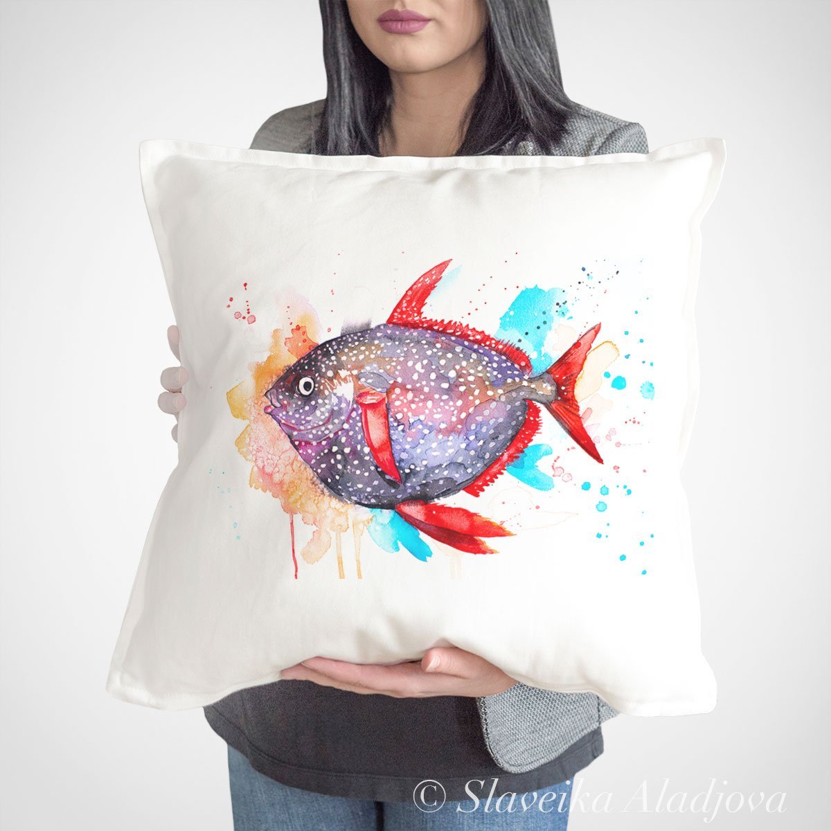 Opah Moonfish Sunfish art Pillow case . Art by Slaveika Aladjova.