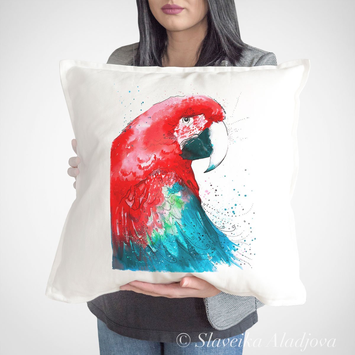 Green-winged macaw art Pillow cover. Art by Slaveika Aladjova