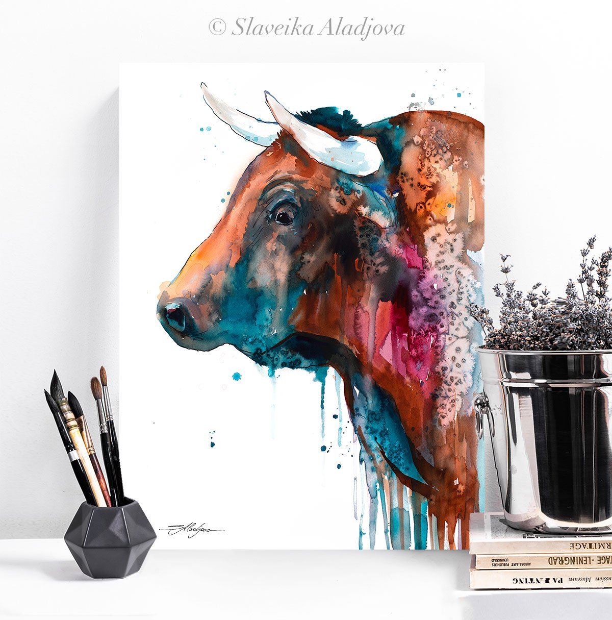 Brown Bull watercolor painting print by Slaveika Aladjova