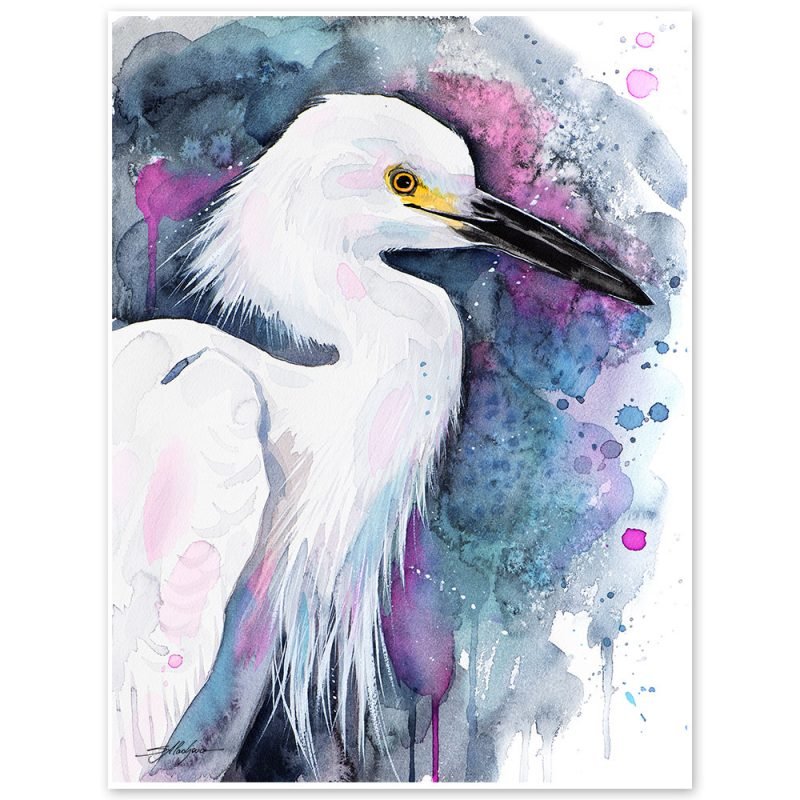 Snowy egret watercolor painting print by Slaveika Aladjova