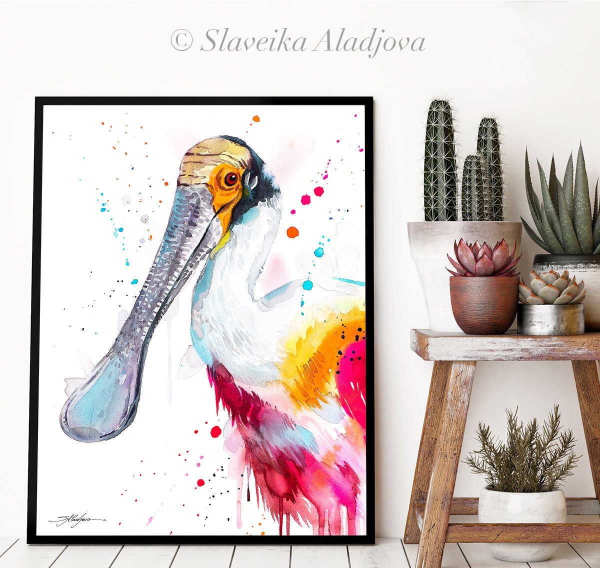 Roseate spoonbill watercolor painting print by Slaveika Aladjova