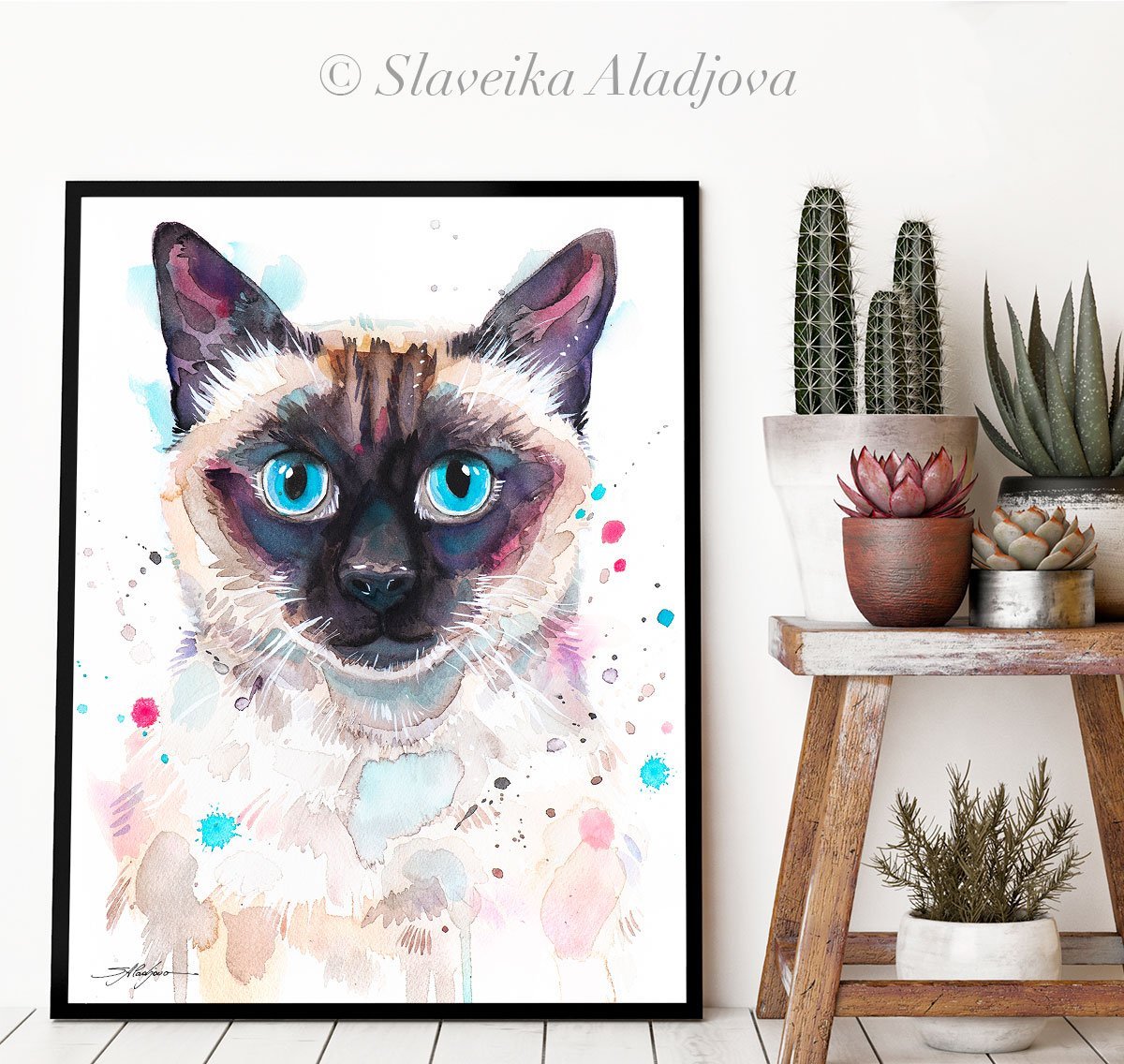 Siamese cat watercolor painting print by Slaveika Aladjova