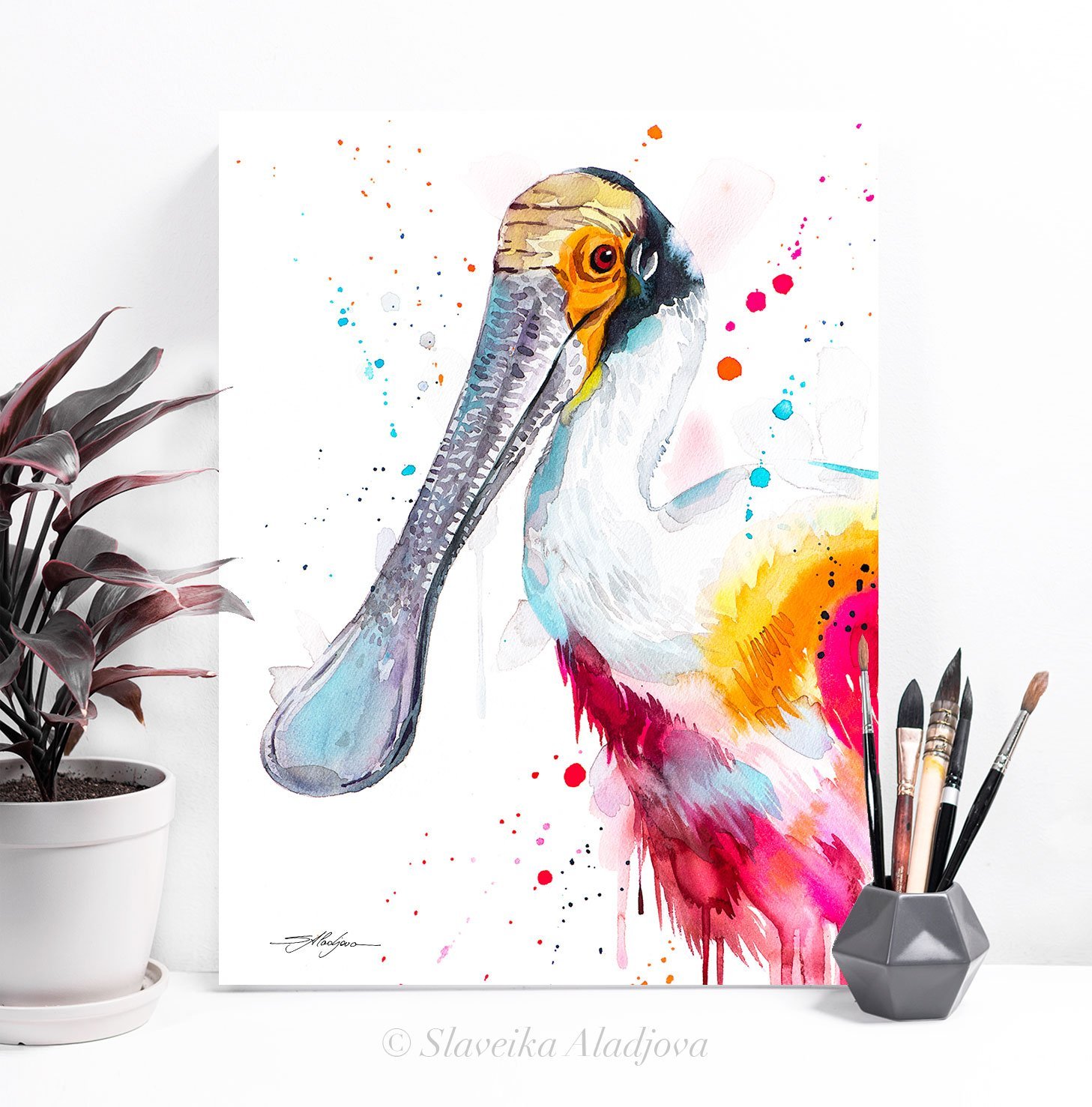 Roseate spoonbill watercolor painting print by Slaveika Aladjova