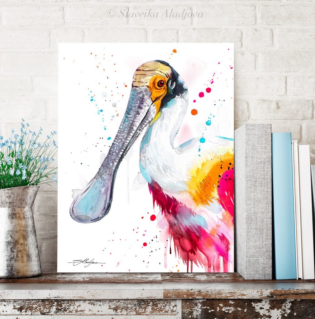 Roseate spoonbill watercolor painting print by Slaveika Aladjova